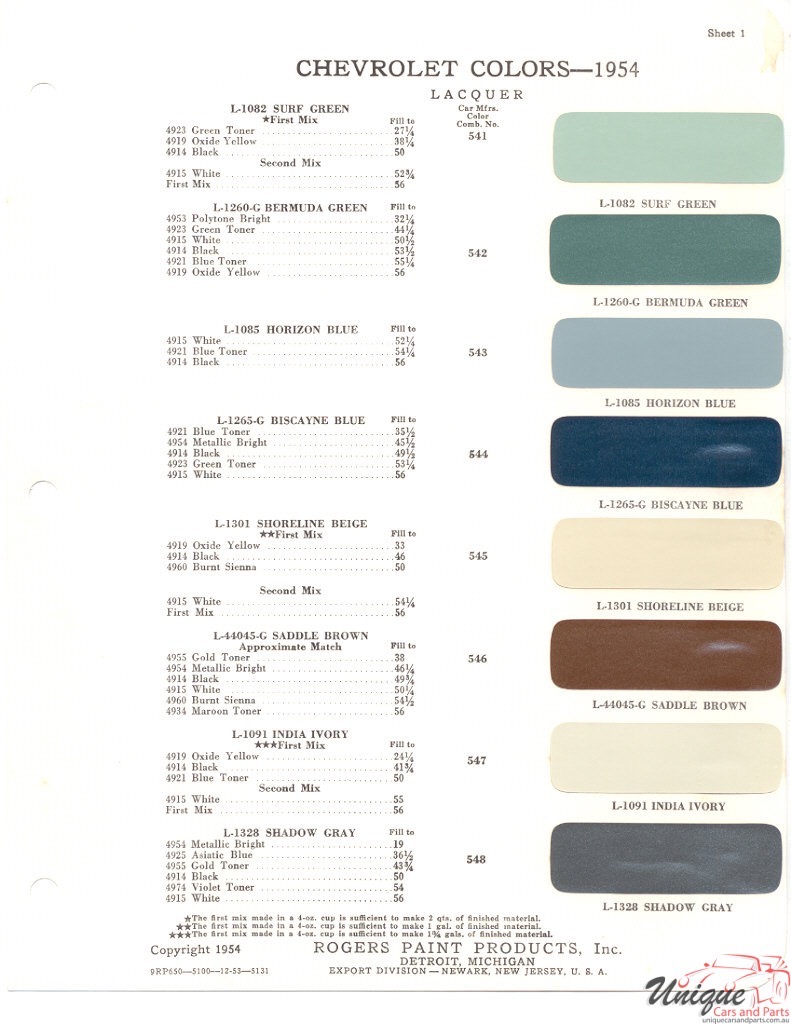1954 Chev Paint Charts Rogers 1